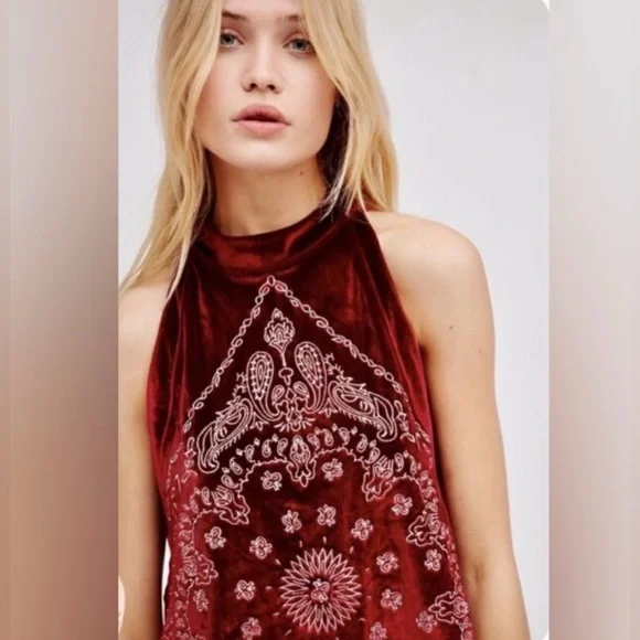 Free People Bandana Bling Velvet Tank XS Red Boho High Neck Festival Top - Picture 2 of 9